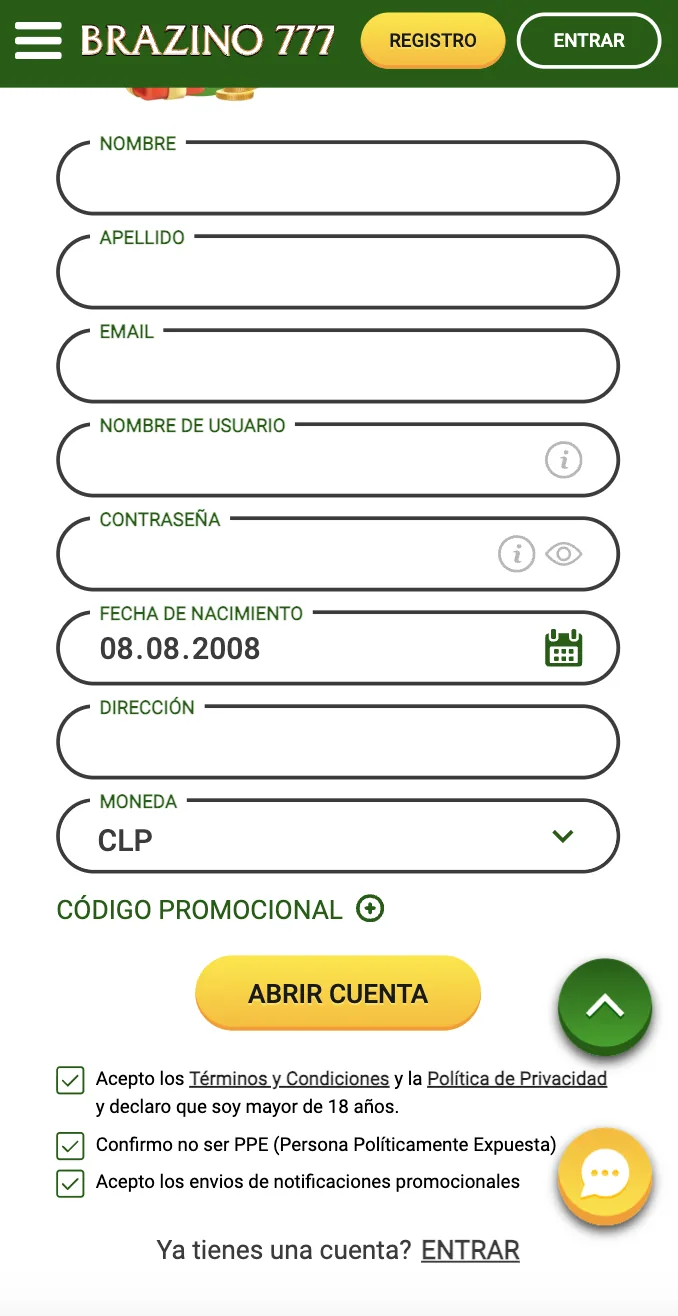 Formulario de registro de Brazino777 con moneda CLP